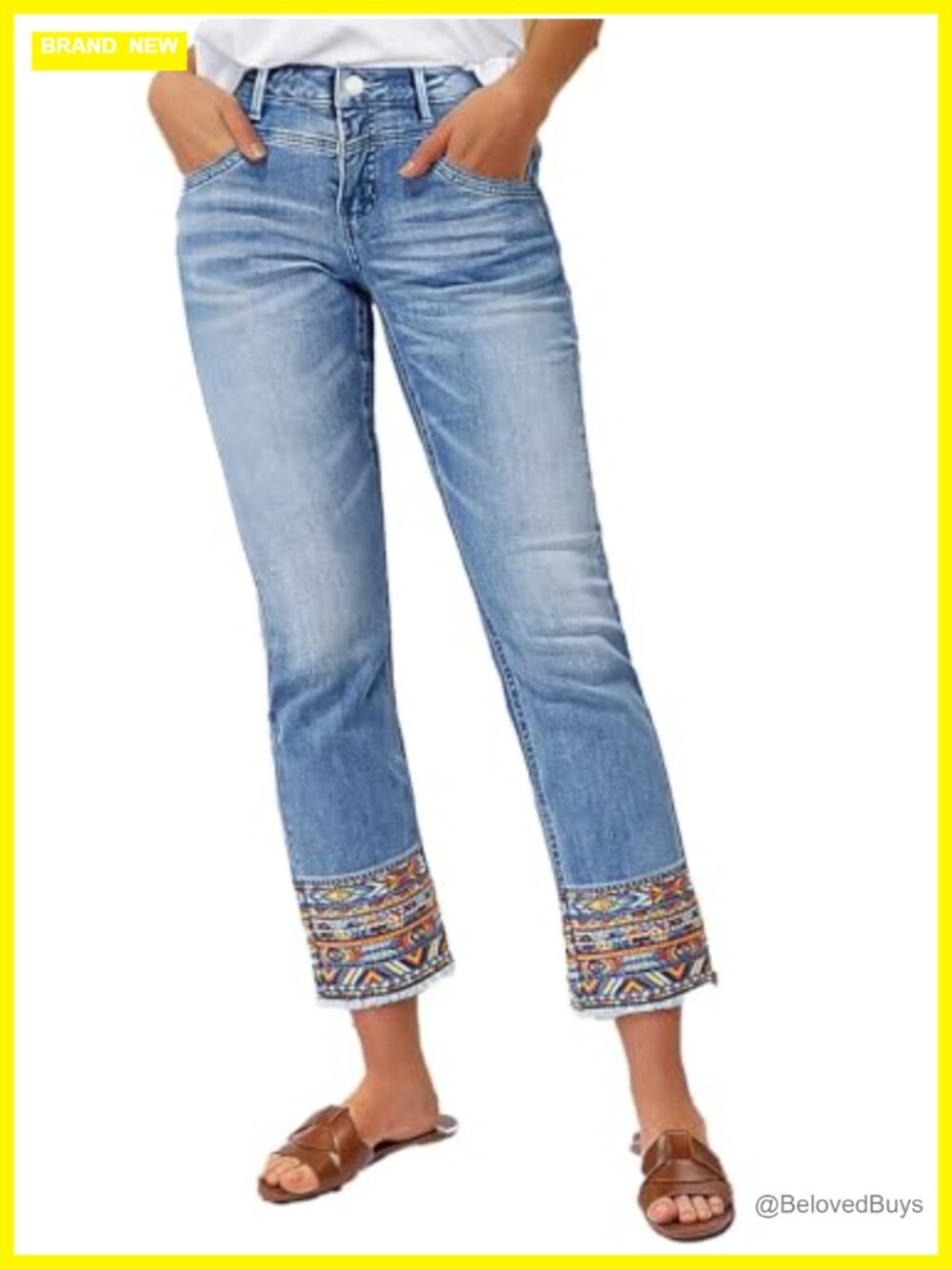 Straight Leg Cropped Jeans Mid Rise Stretch Denim Raw Hem Women's
